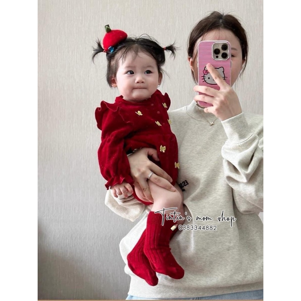 Bộ body chíp đầy tháng/ thôi nôi đỏ tay bồng cho bé gái 3-18M