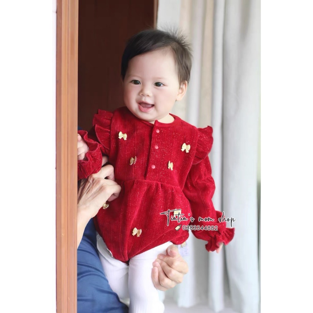 Bộ body chíp đầy tháng/ thôi nôi đỏ tay bồng cho bé gái 3-18M
