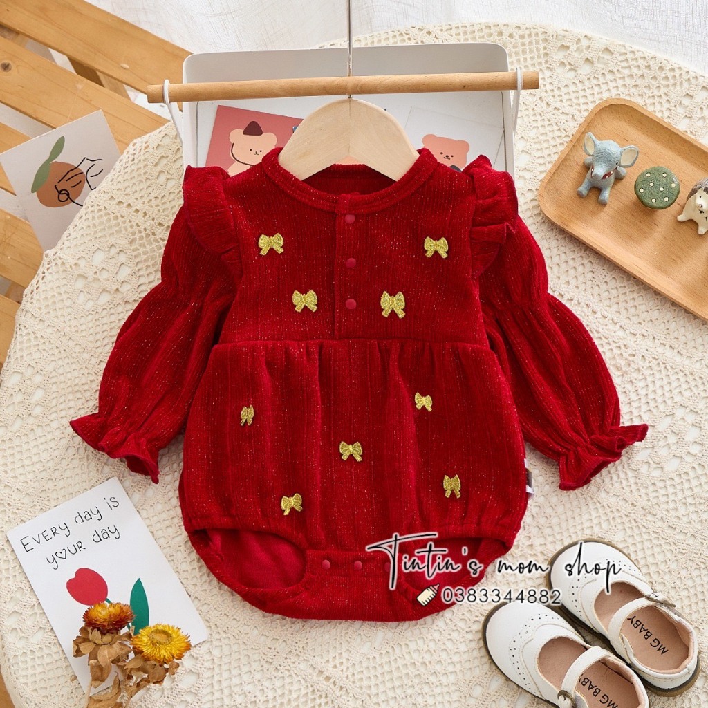 Bộ body chíp đầy tháng/ thôi nôi đỏ tay bồng cho bé gái 3-18M