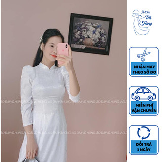 Bộ áo dài gấm tơ màu trắng tay lỡ vai bồng, áo dài gấm trắng, áo dài gấm mềm co dãn