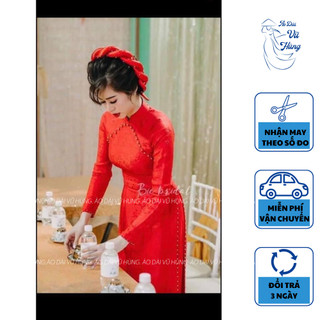 Bộ áo dài cô dâu gấm tơ màu đỏ đính ngọc, áo dài cưới, áo dài cô dâu đính kết