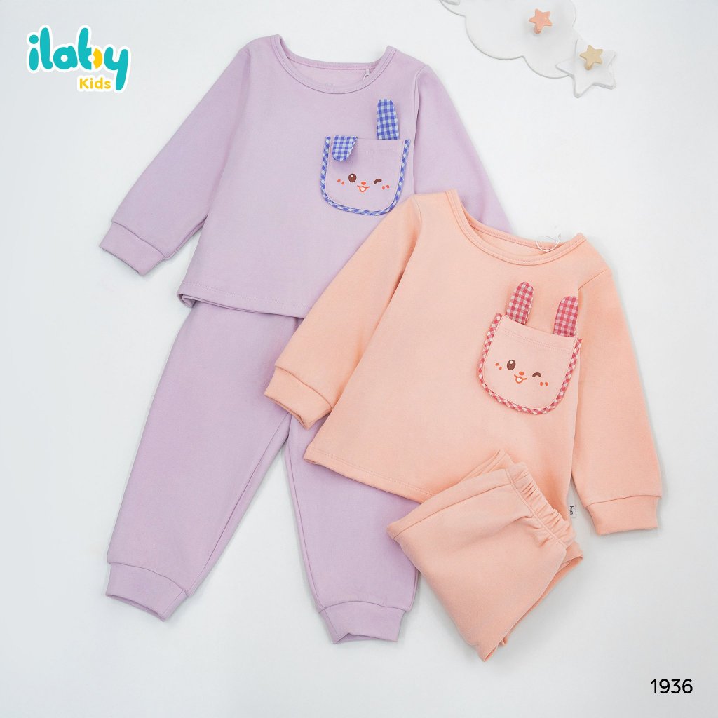 Set bộ dài tay cho bé ILABY phối túi ốp tạo hình thỏ chât liệu nỉ lót lông 2 màu cho bé 10-35kg