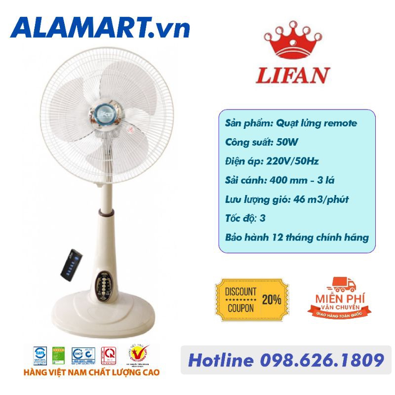 QUẠT LỬNG REMOTE LIFAN QL-216RC quạt lỡ thấp êm mát dùng phòng khách, phòng ngủ