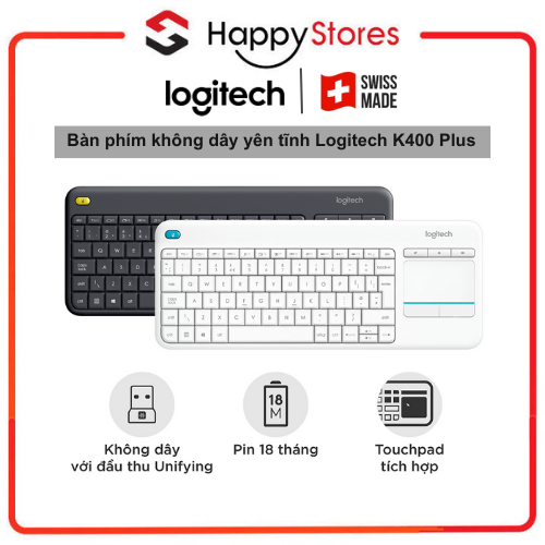 Bàn phím không dây Logitech K400 Plus, có touchpad để kết nối PC - TV, Laptop/Tablets thương hiệu Thụy Sĩ - Hàng chính h