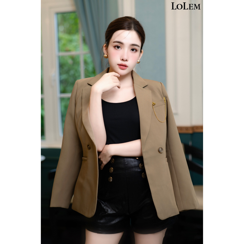 Áo blazer nữ dáng ngắn LOLEM AKNB021 2 cúc đính xích B chất kaki bền đẹp