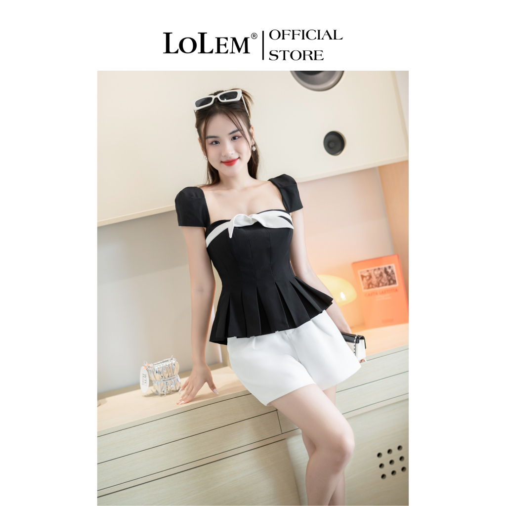 Áo peplum cổ vuông LOLEM AK1360 xếp ly xòe chất linen cotton thoáng mát