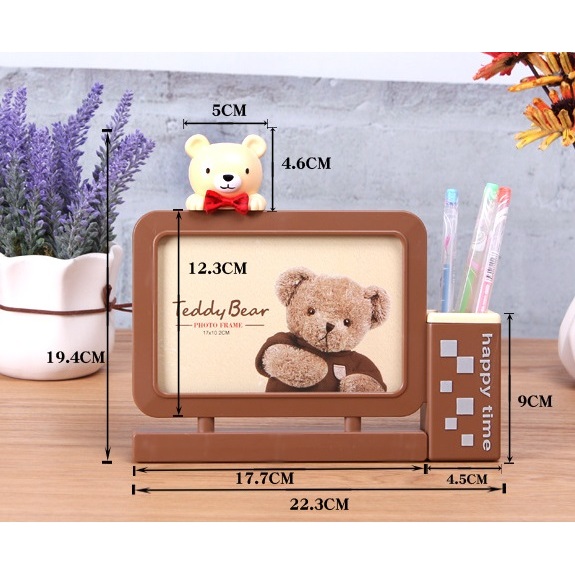 Khung hình để bàn có ống đựng bút cho bé khung ảnh gấu dễ thương trang trí bàn học, decor bàn làm việc tiện lợi