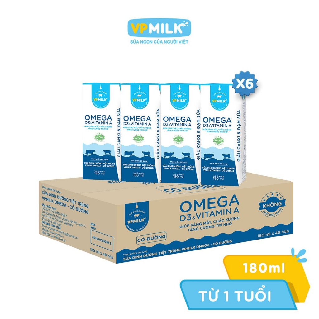 [Combo 6 lốc] Sữa Dinh Dưỡng Tiệt Trùng VPMilk Omega CÓ ĐƯỜNG dạng hộp cho bé 180ml (4 hộp x 6)