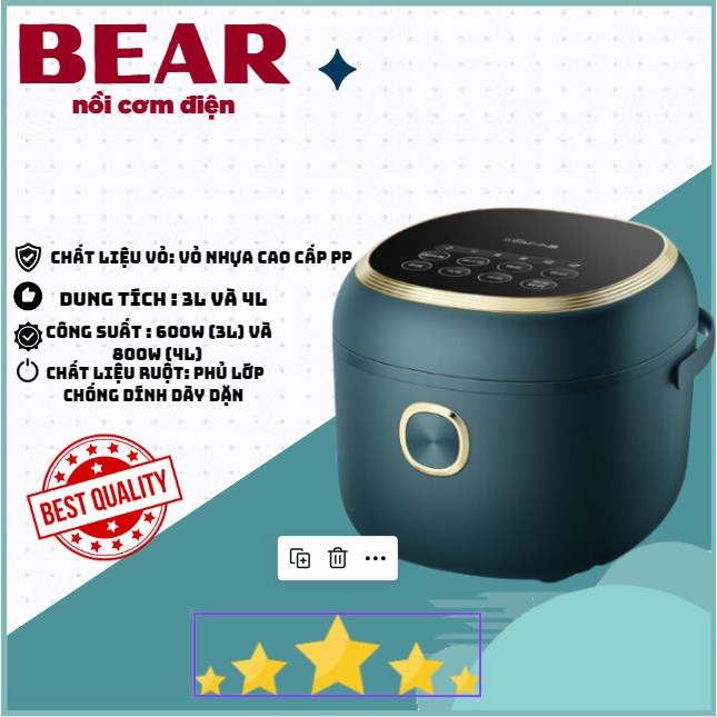 Nồi Cơm Điện Bear DFB-P40Z1, 4L, Nấu Cơm, Hấp, Luộc, Hầm, Nồi Cơm Chính Hãng, Đa Năng, ó Chức Năng Hẹn Giờ