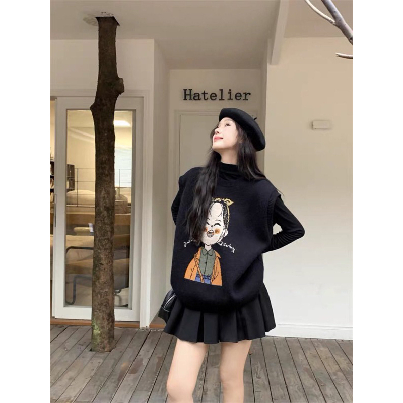 Áo Gile Len Nữ Cổ Tròn Form Dáng Rộng In Hình Cô Gái Thời Trang Thu Đông Phong Cách Ullzang Vintage, Áo Len Nữ Không Tay