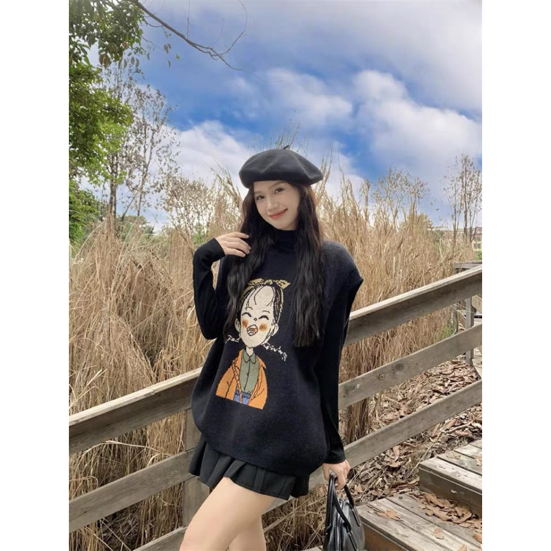 Áo Gile Len Nữ Cổ Tròn Form Dáng Rộng In Hình Cô Gái Thời Trang Thu Đông Phong Cách Ullzang Vintage, Áo Len Nữ Không Tay