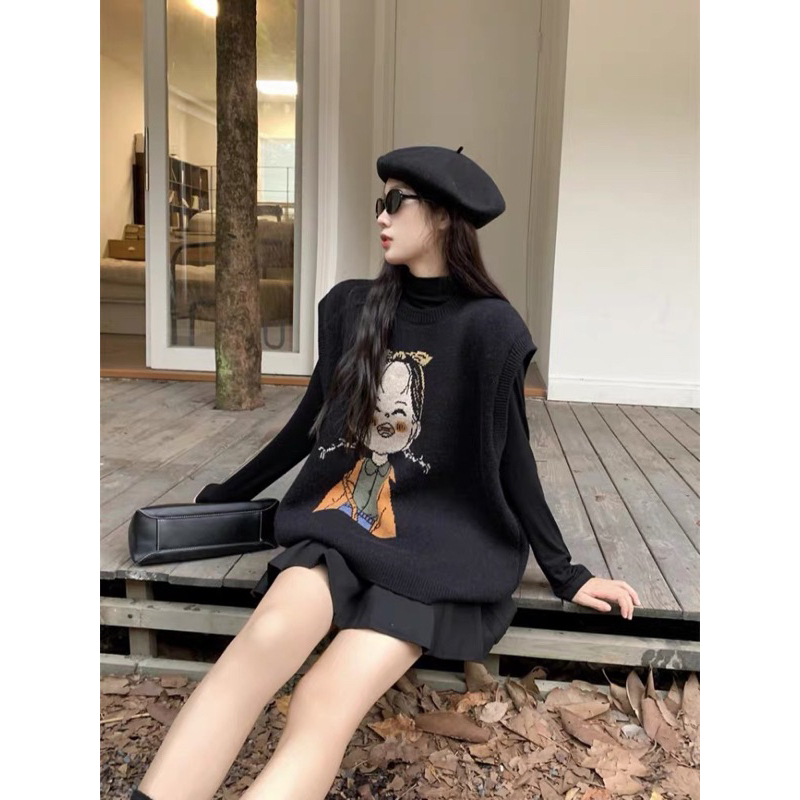 Áo Gile Len Nữ Cổ Tròn Form Dáng Rộng In Hình Cô Gái Thời Trang Thu Đông Phong Cách Ullzang Vintage, Áo Len Nữ Không Tay