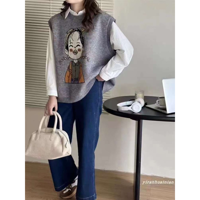 Áo Gile Len Nữ Cổ Tròn Form Dáng Rộng In Hình Cô Gái Thời Trang Thu Đông Phong Cách Ullzang Vintage, Áo Len Nữ Không Tay