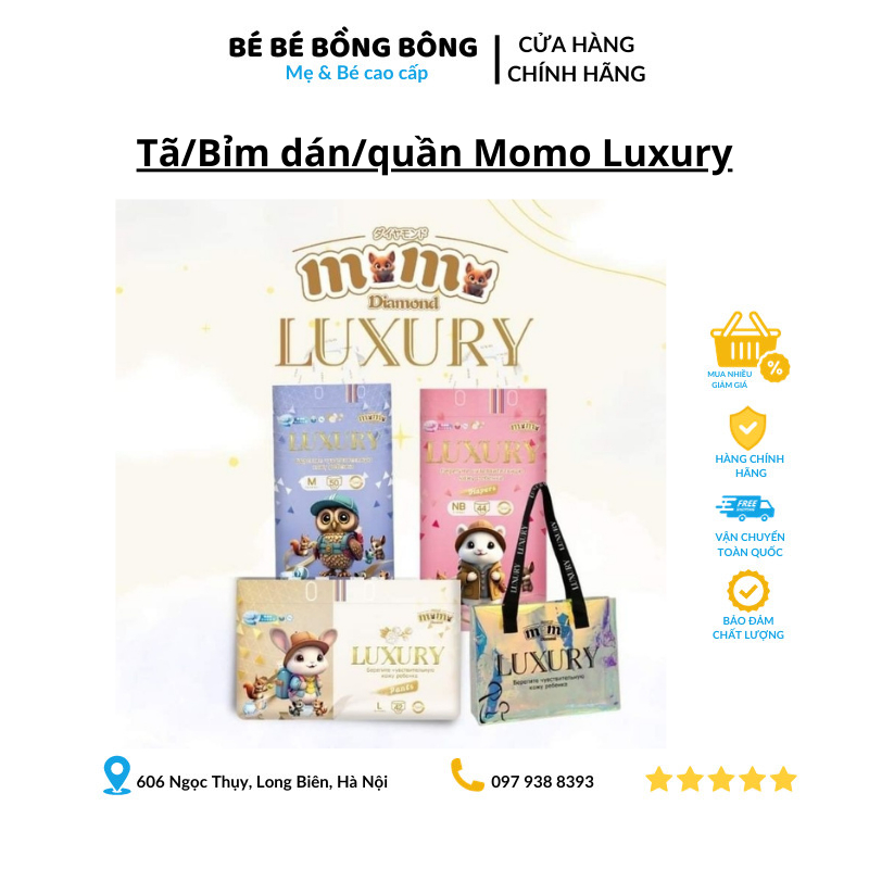 Tã/Bỉm Dán/Quần Momo Luxury Size M32 - L30 - XL26 - XXL22 - 3XL20 – Bé Bé Bồng Bông