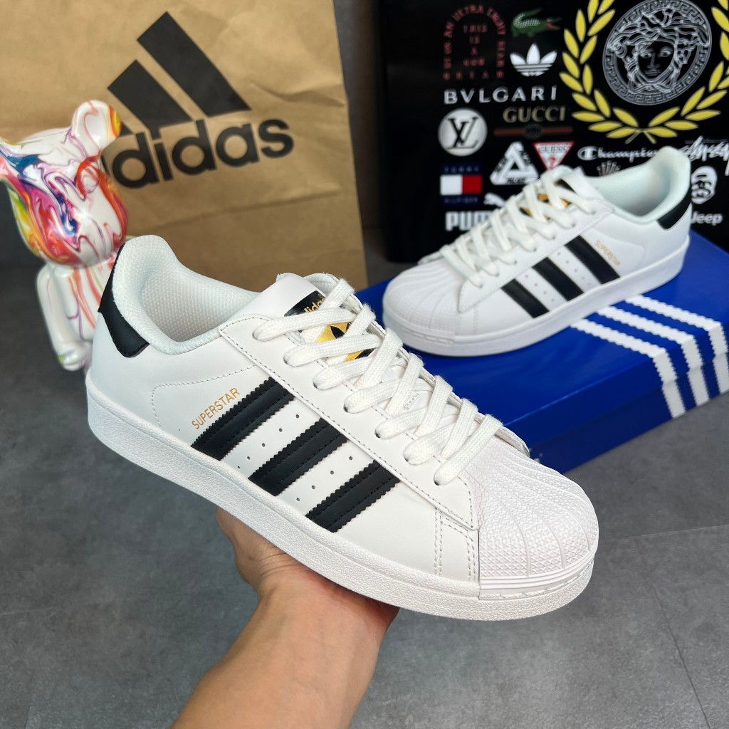 Giày thể thao _Adidas Superstar Màu Trắng 3 Sọc Đen Tem Vàng mũi sò bản S.cấp full size.full box.phụ kiện