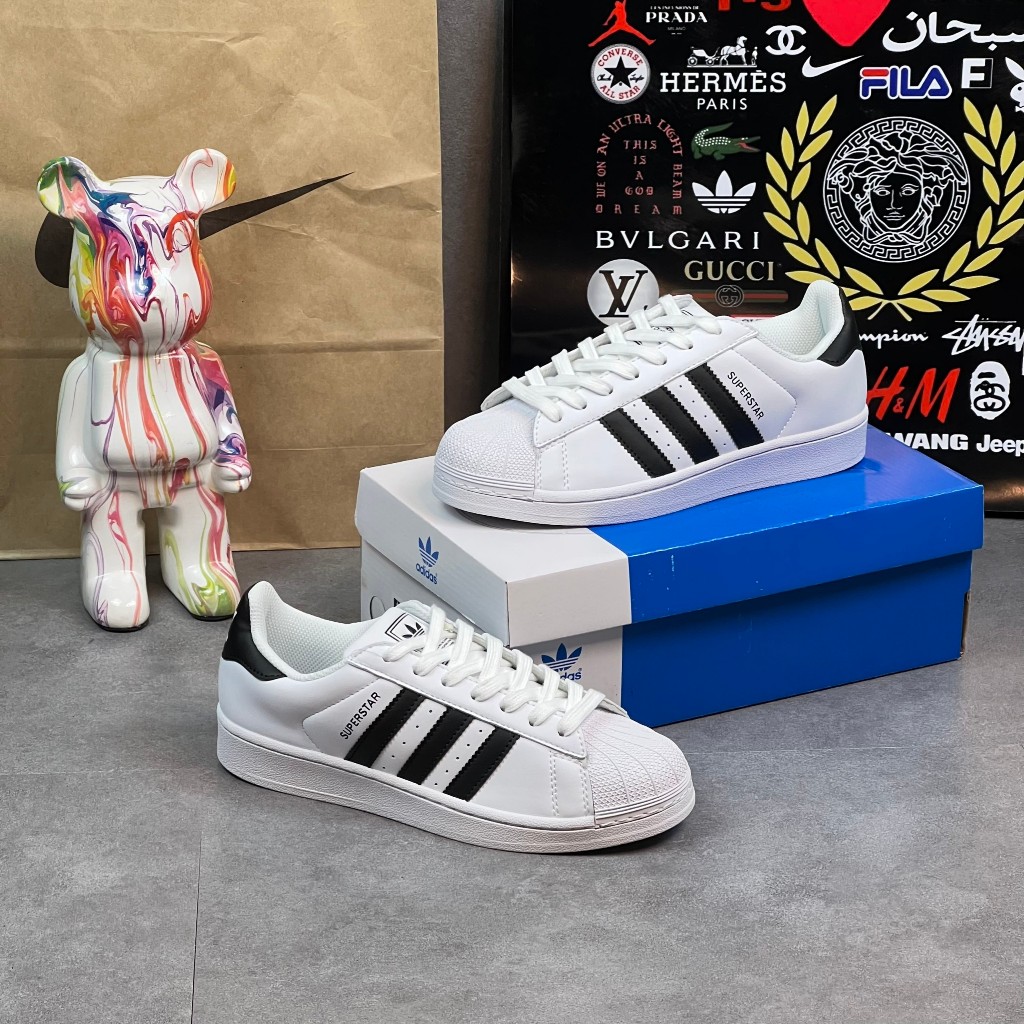 Giày thể thao _Adidas Superstar Màu Trắng 3 Sọc Đen Tem Vàng mũi sò bản S.cấp full size.full box.phụ kiện