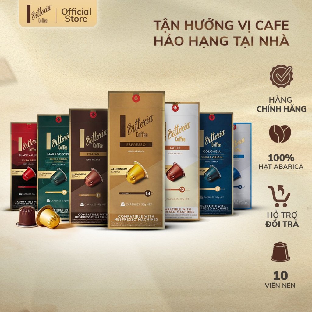 Cà phê viên nén Vittoria 100% Arabica, Viên nén cà phê nhập khẩu Úc dùng cho máy pha cà phê viên, hộp 10 viên