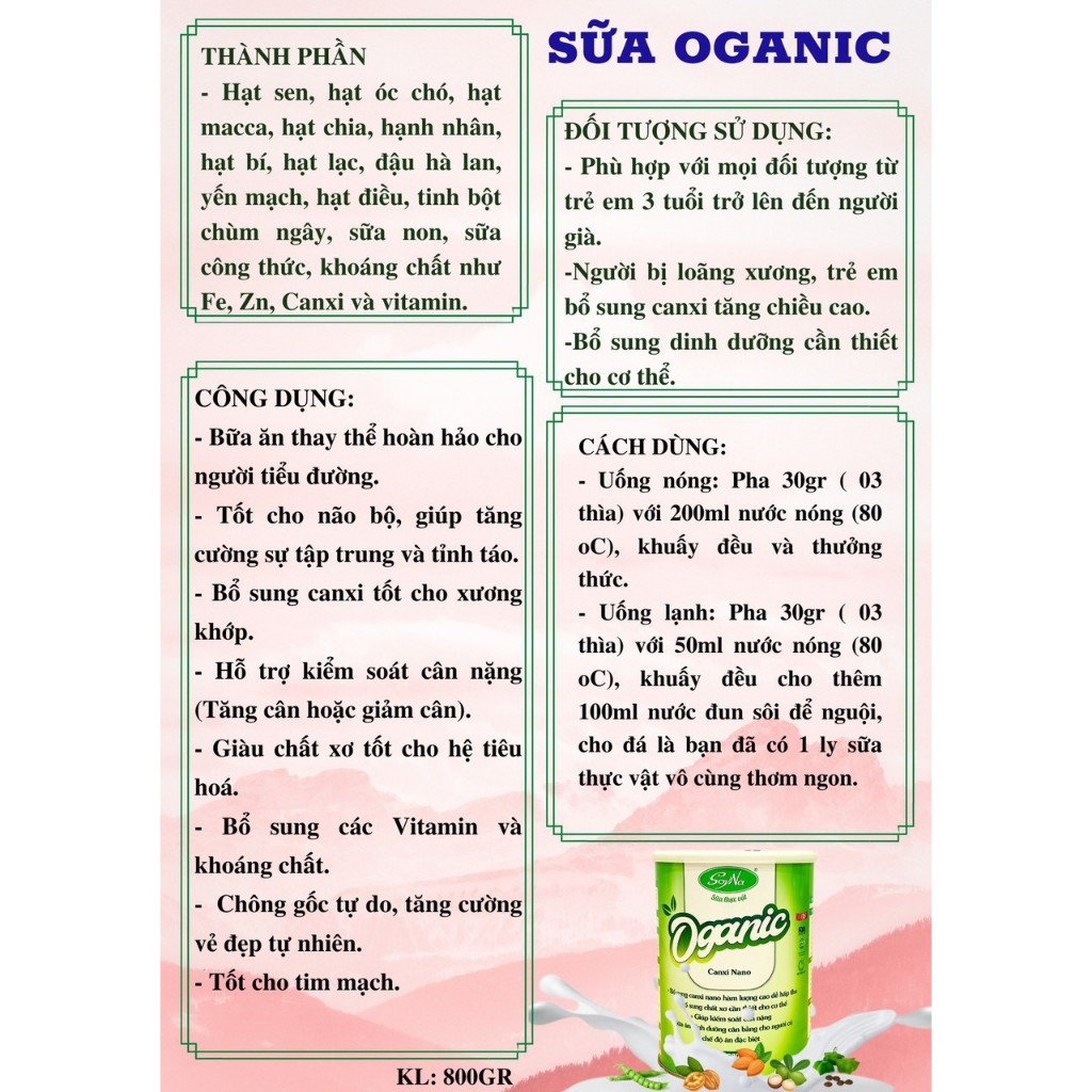 Sữa Hạt Oganic Canxi Nano SoyNa 800g - chính hãng