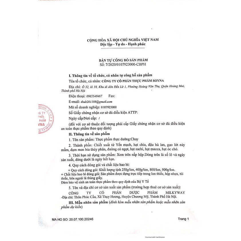 Sữa Hạt Oganic Canxi Nano SoyNa 800g - chính hãng