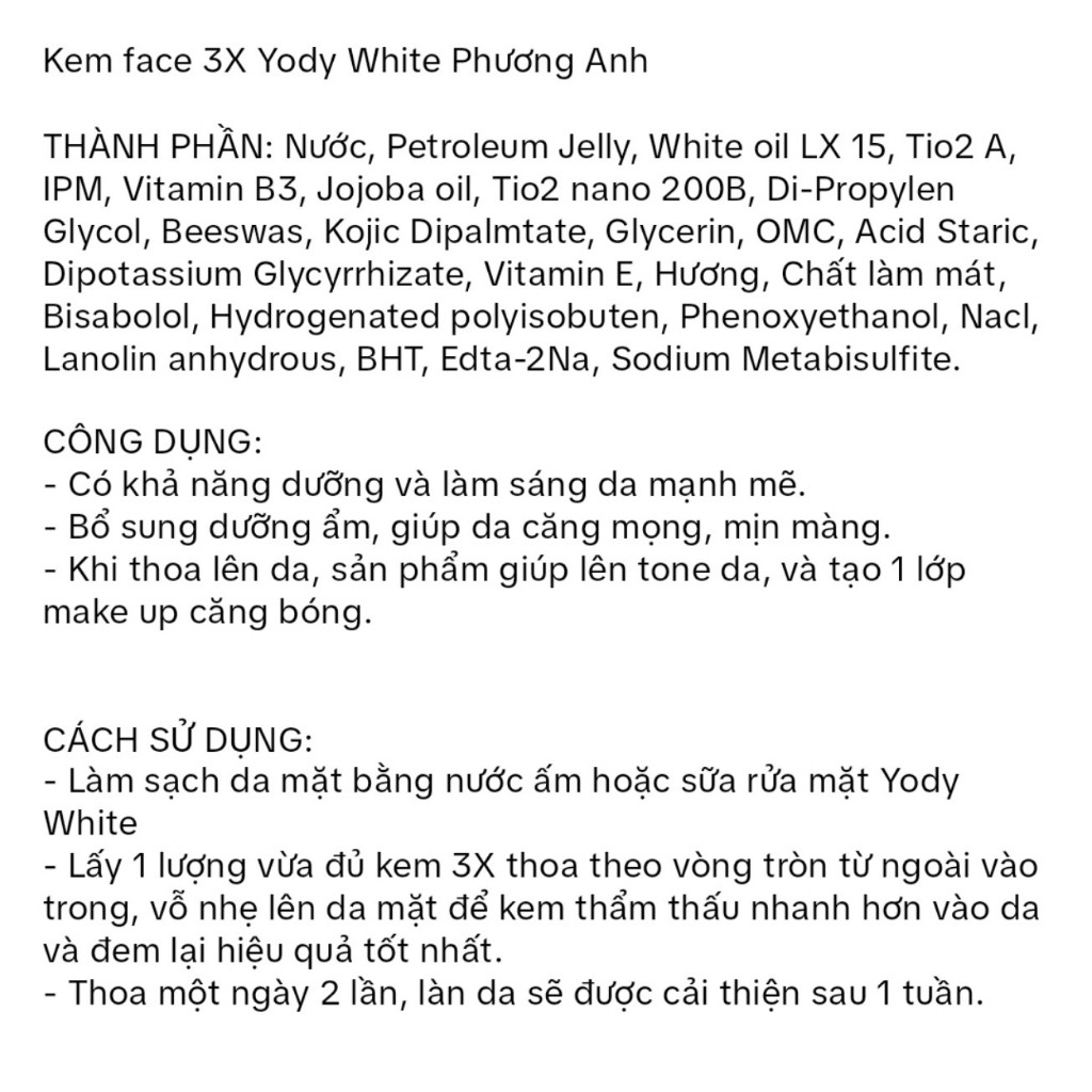 Kem 3X dưỡng trắng da Phương Anh Yody White mẫu mới chính hãng hàng xóa số lô