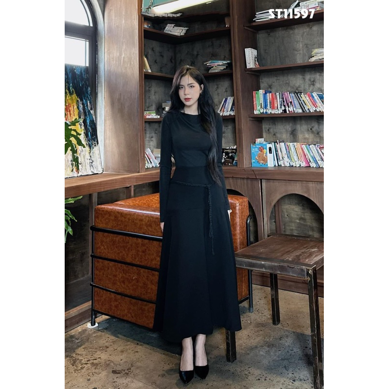 Set nữ áo thun li vai mix chân váy xoè tặng đai bện dây vintage 2 màu đen trắng