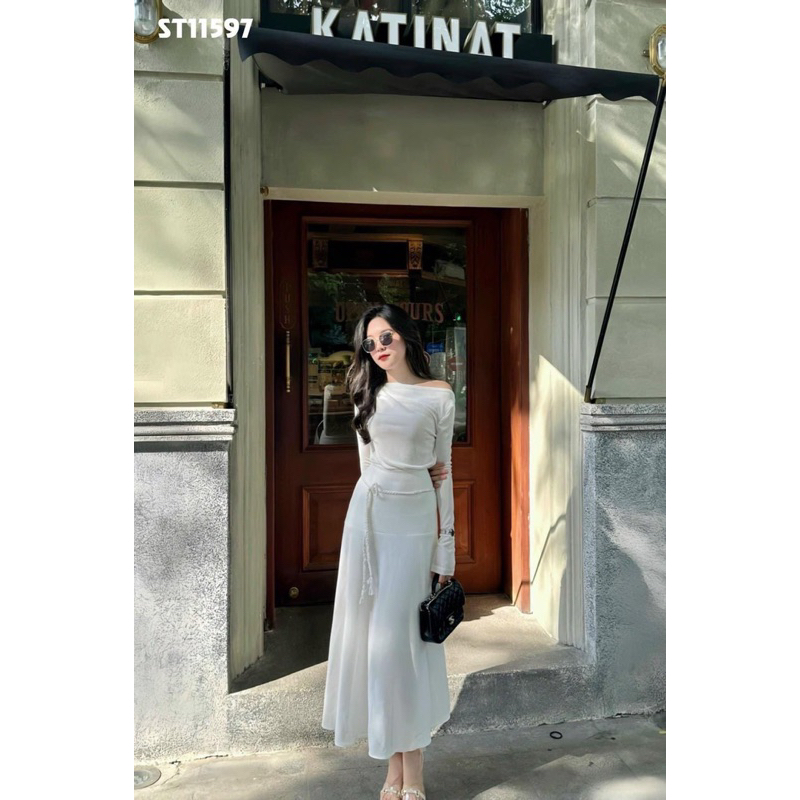 Set nữ áo thun li vai mix chân váy xoè tặng đai bện dây vintage 2 màu đen trắng