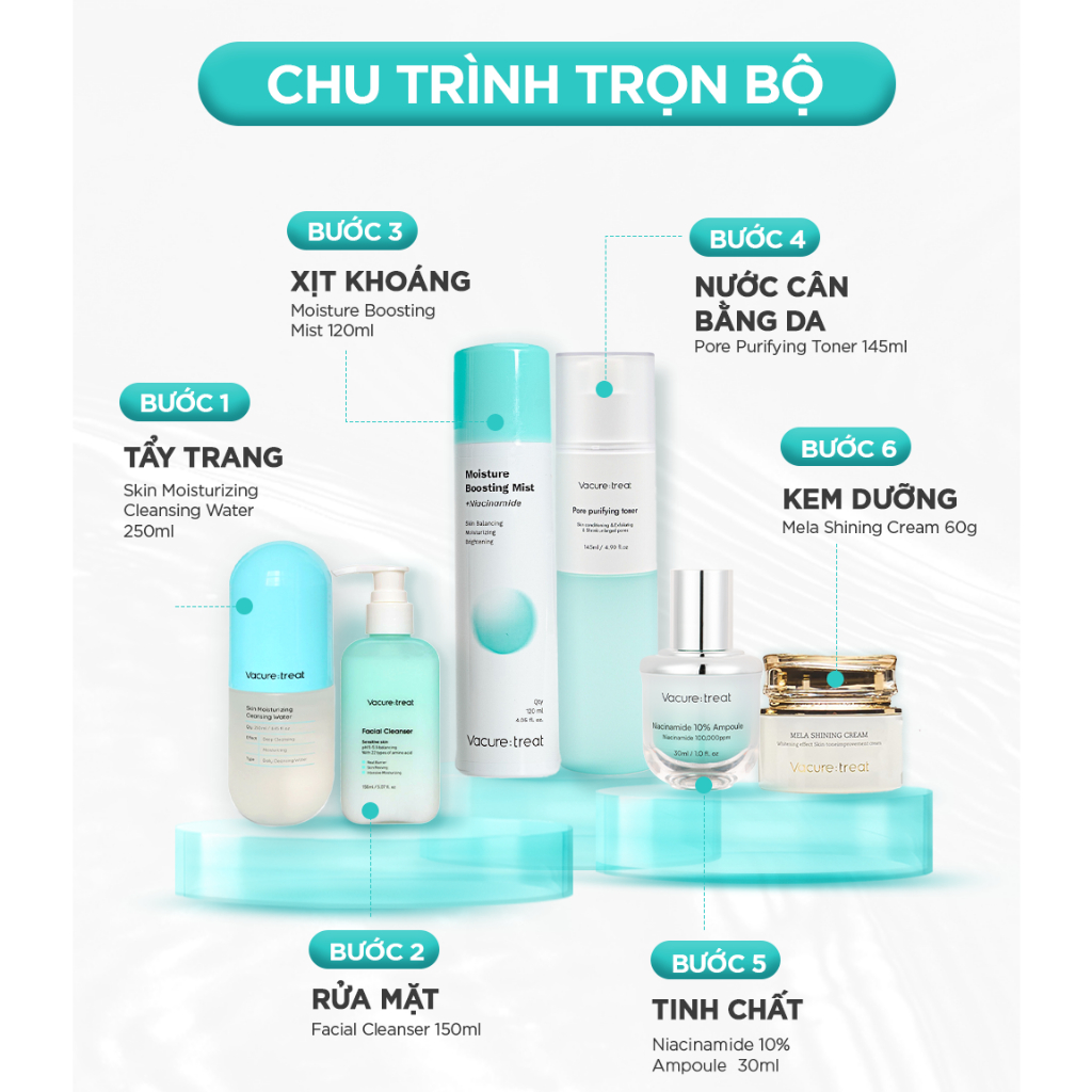 Combo Tinh Chất Vacure:treat Niacinamide 10% Ampoule Và Kem Dưỡng Cấp Ẩm, Sáng Da Mela Shining Cream