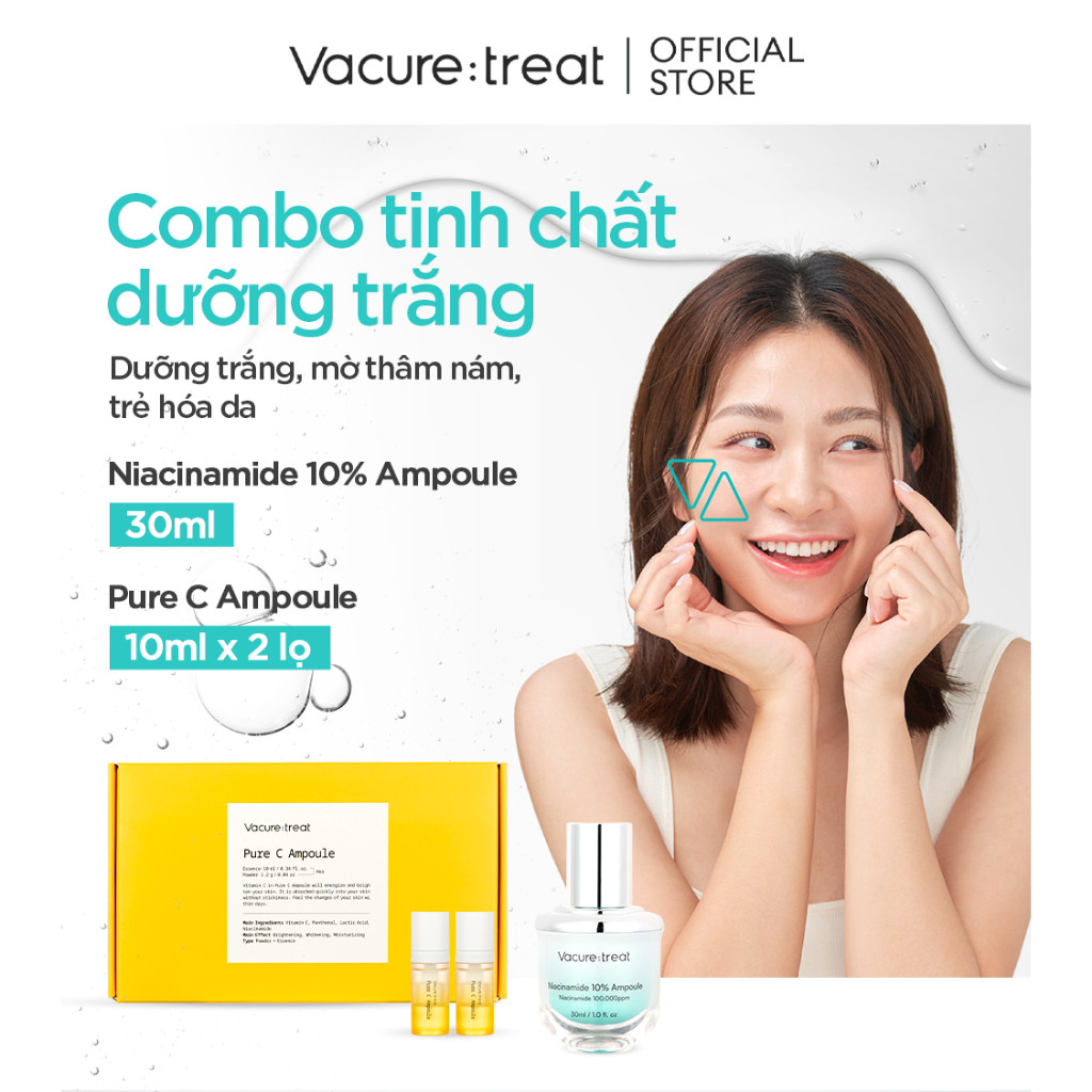 Combo Tinh Chất Dưỡng Trắng, Mờ Thâm Nám Vitamin C Tươi x 2 & Niacinamide 10% Ampoule Vacure:treat