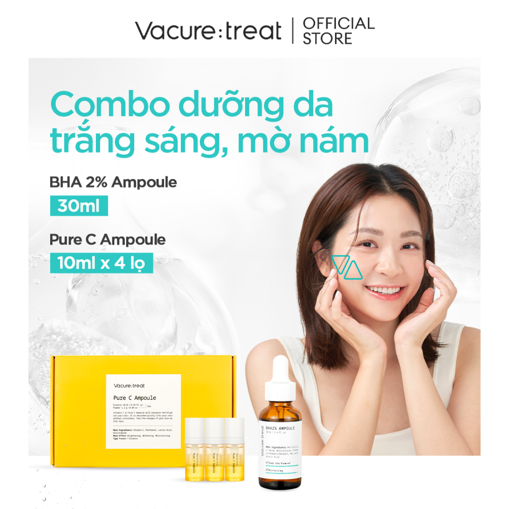 Combo Dưỡng Da Trắng Sáng, Mờ Nám, Chống Oxy Hóa Gồm Vitamin C Tươi & BHA 2% Ampoule Vacure:treat