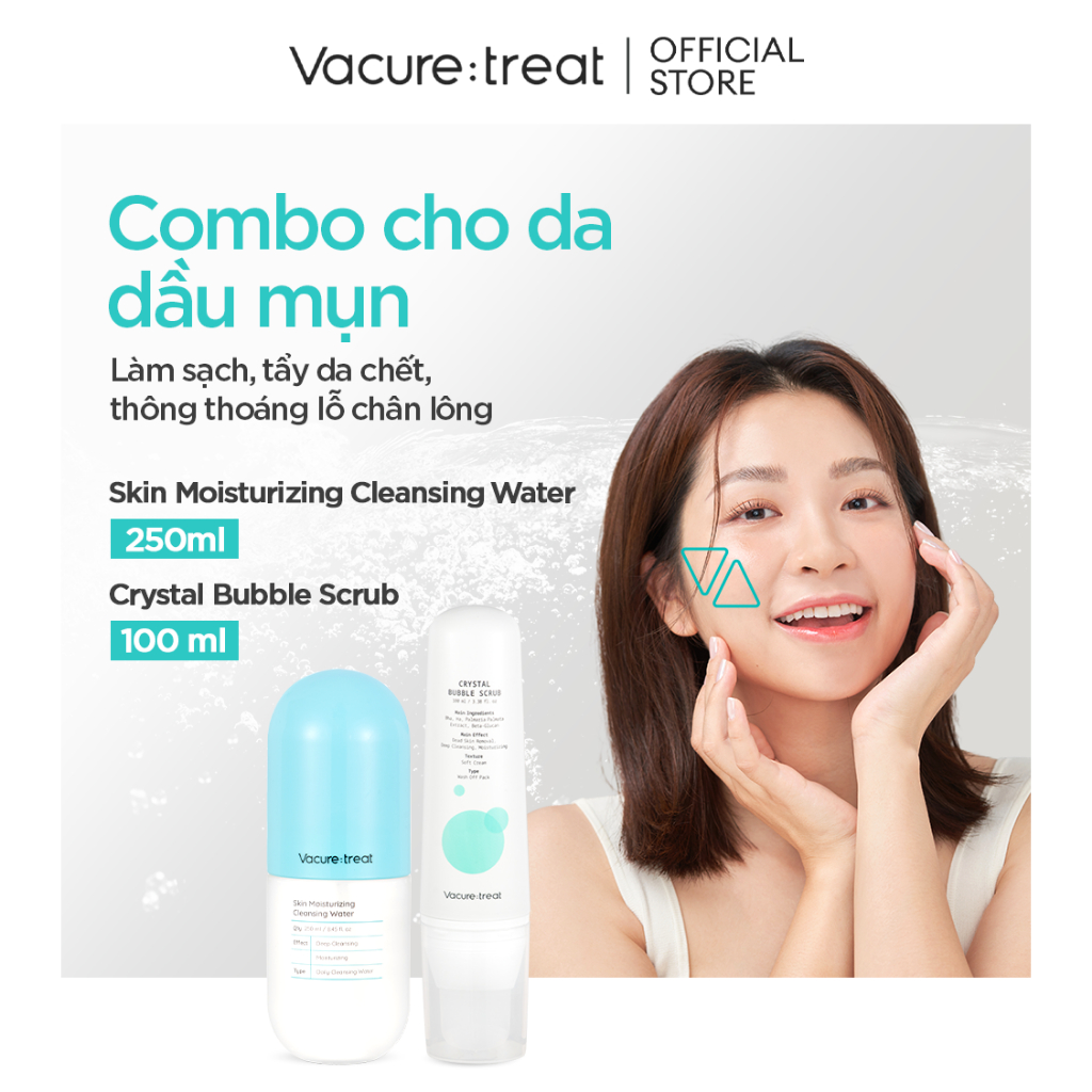 Combo Cho Da Dầu Mụn Nước Tẩy Trang Skin Moisturizing Cleansing Water & Tẩy Da Chết Crystal Bubble Scrub Vaccure:treat