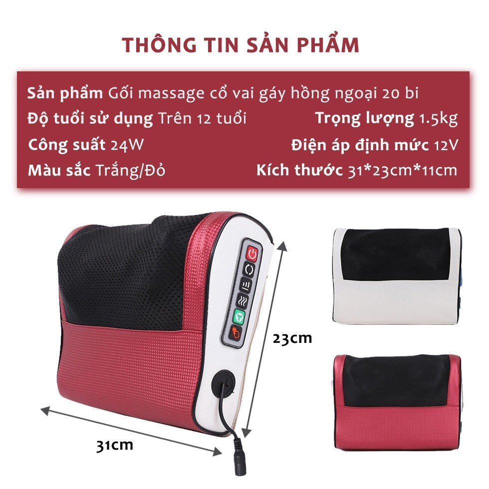 Gối Massage Cổ Vai Gáy 20 Bi, Gối Mát Xa Cổ Vai Gáy Hồng Ngoại Cao Cấp