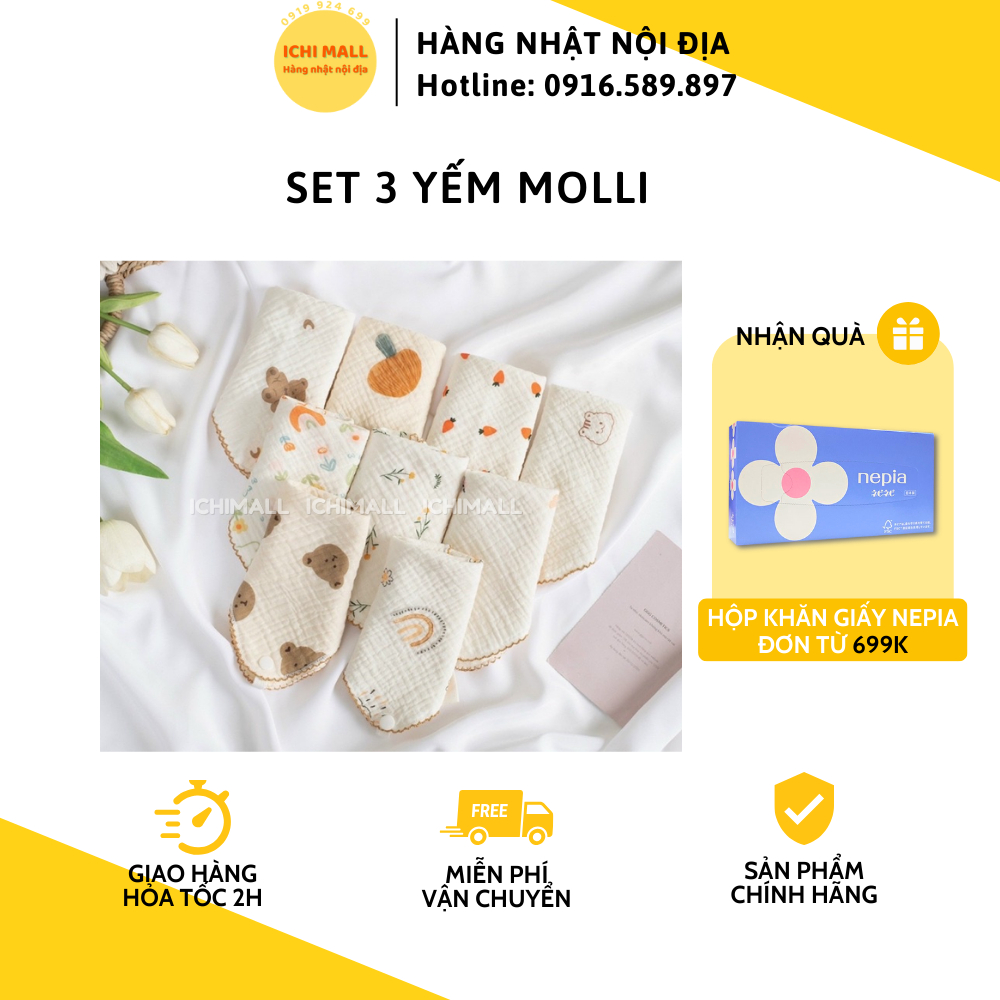 Set 3 Khăn sữa/ yếm xô 4 lớp Molli kt 25*25cm cho bé