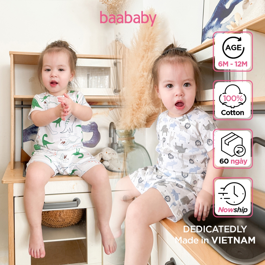 Bộ quần áo sơ sinh, đồ bộ cotton ngắn tay cho bé, set đồ bộ họa tiết cho bé từ 0 -12 tháng Baa Baby - UN-DB02N-01