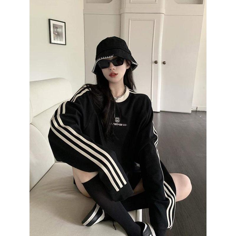 Áo Sweater Nỉ Da Cá, Áo Thun Unisex Form Rộng Thiết Kế Kẻ Sọc Thể Thao