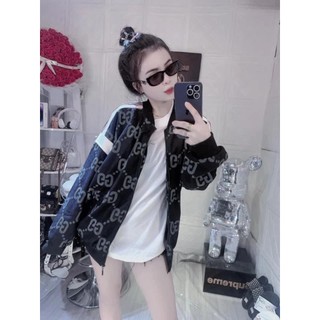 Áo khoác Bomber GG kẻ sọc viền vai tay xanh đỏ nổi form rộng nam nữ yjowif trang hàn quốc