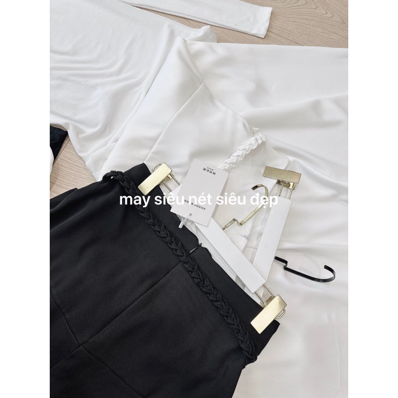 Set nữ áo thun li vai mix chân váy xoè tặng đai bện dây vintage 2 màu đen trắng