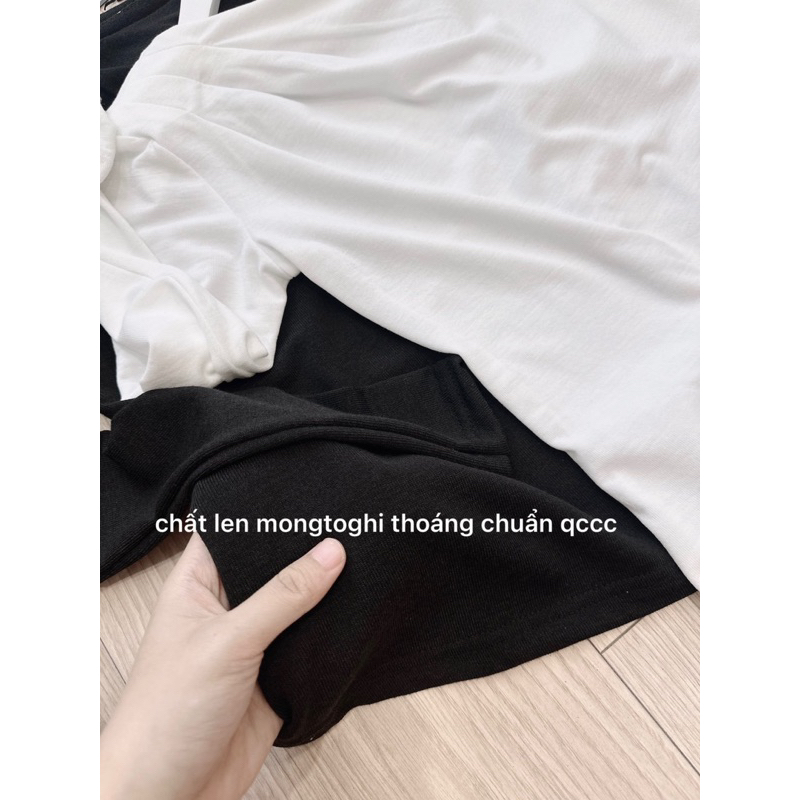 Set nữ áo thun li vai mix chân váy xoè tặng đai bện dây vintage 2 màu đen trắng