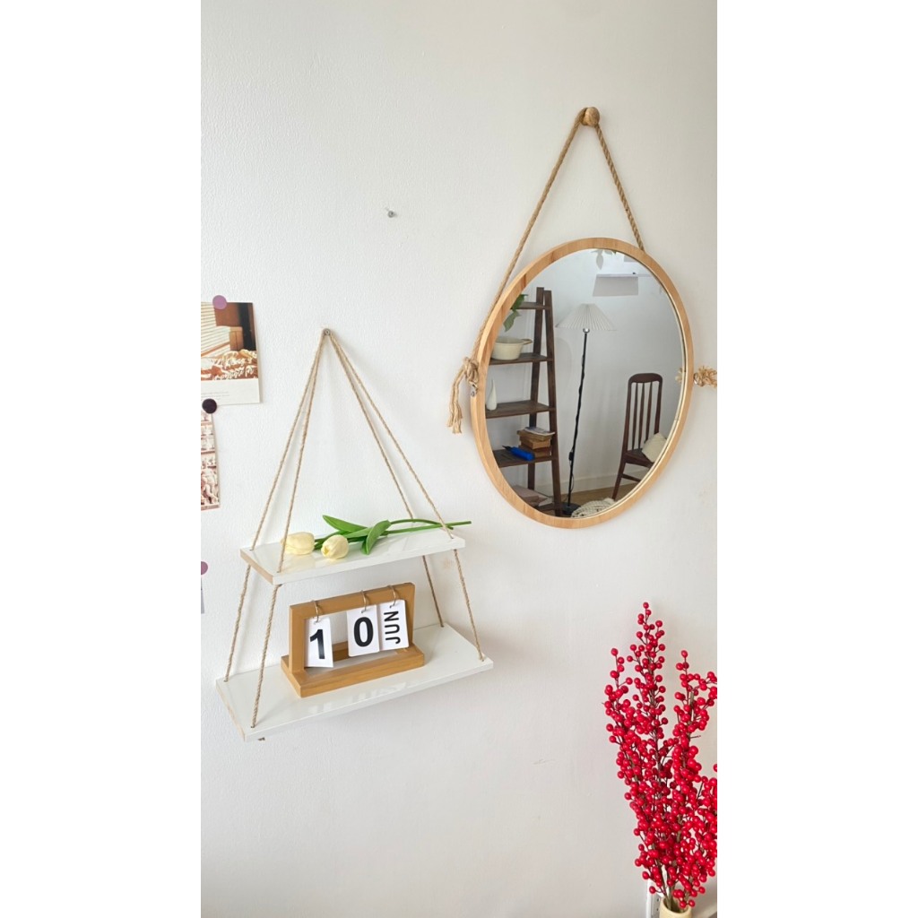 Gương tròn treo dây viền gỗ tặng dây cotton và móc đinh nhựa, decor nhà cửa, shop, căn hộ chính hãng Ưngdecor