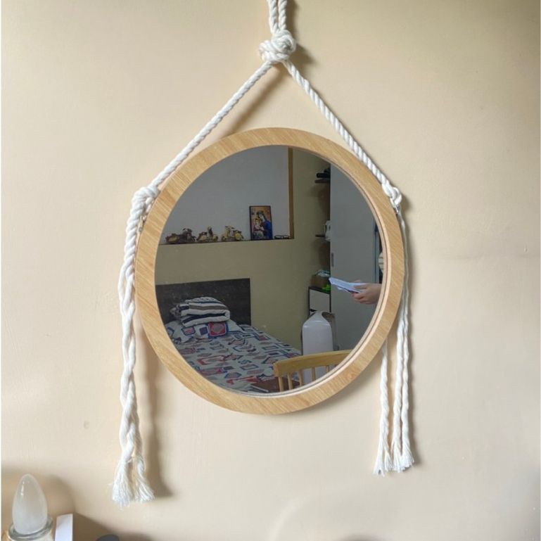 Gương tròn treo dây viền gỗ tặng dây cotton và móc đinh nhựa, decor nhà cửa, shop, căn hộ chính hãng Ưngdecor