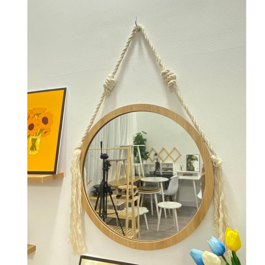 Gương tròn treo dây viền gỗ tặng dây cotton và móc đinh nhựa, decor nhà cửa, shop, căn hộ chính hãng Ưngdecor
