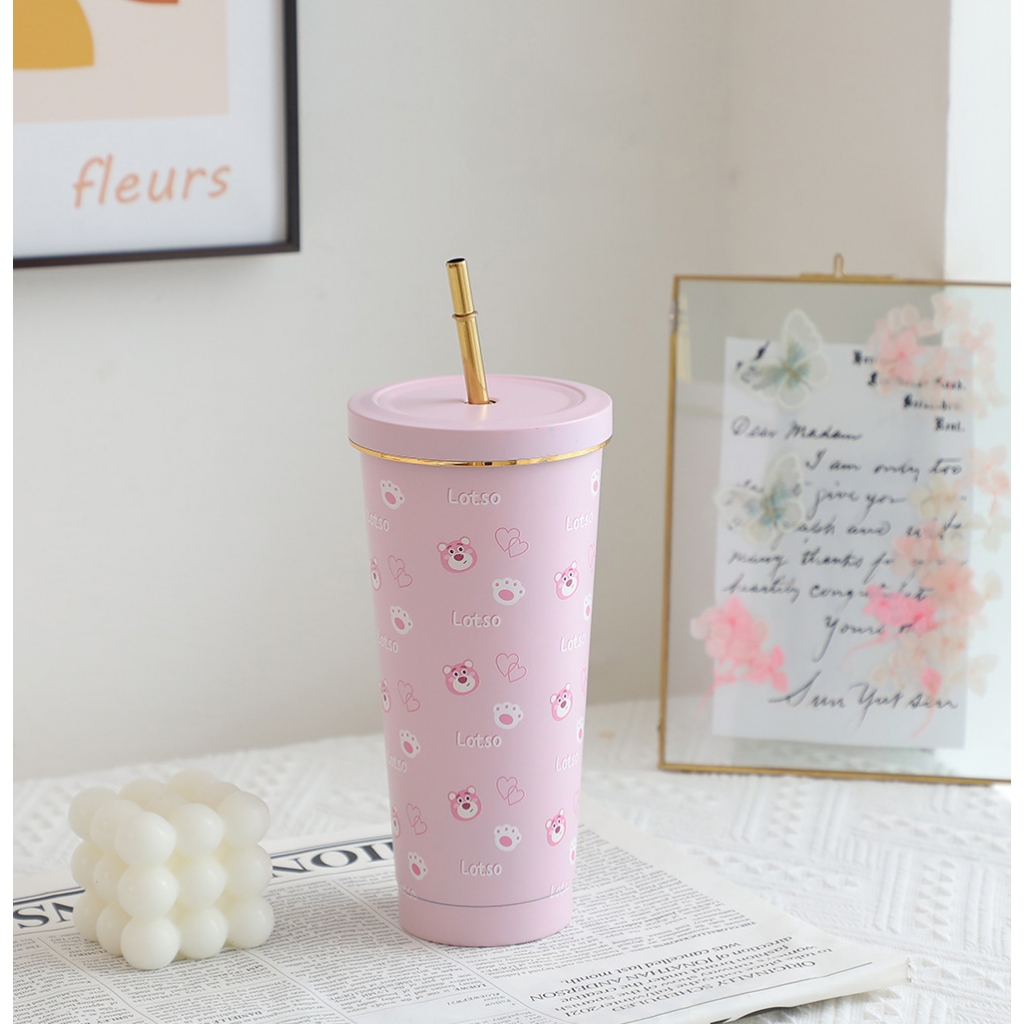 Ly Giữ Nhiệt Gấu Dâu LOTSO 750ML, Bình Giữ Nhiệt Inox 304 Tặng Kèm Ống Hút Cọ Vệ Sinh
