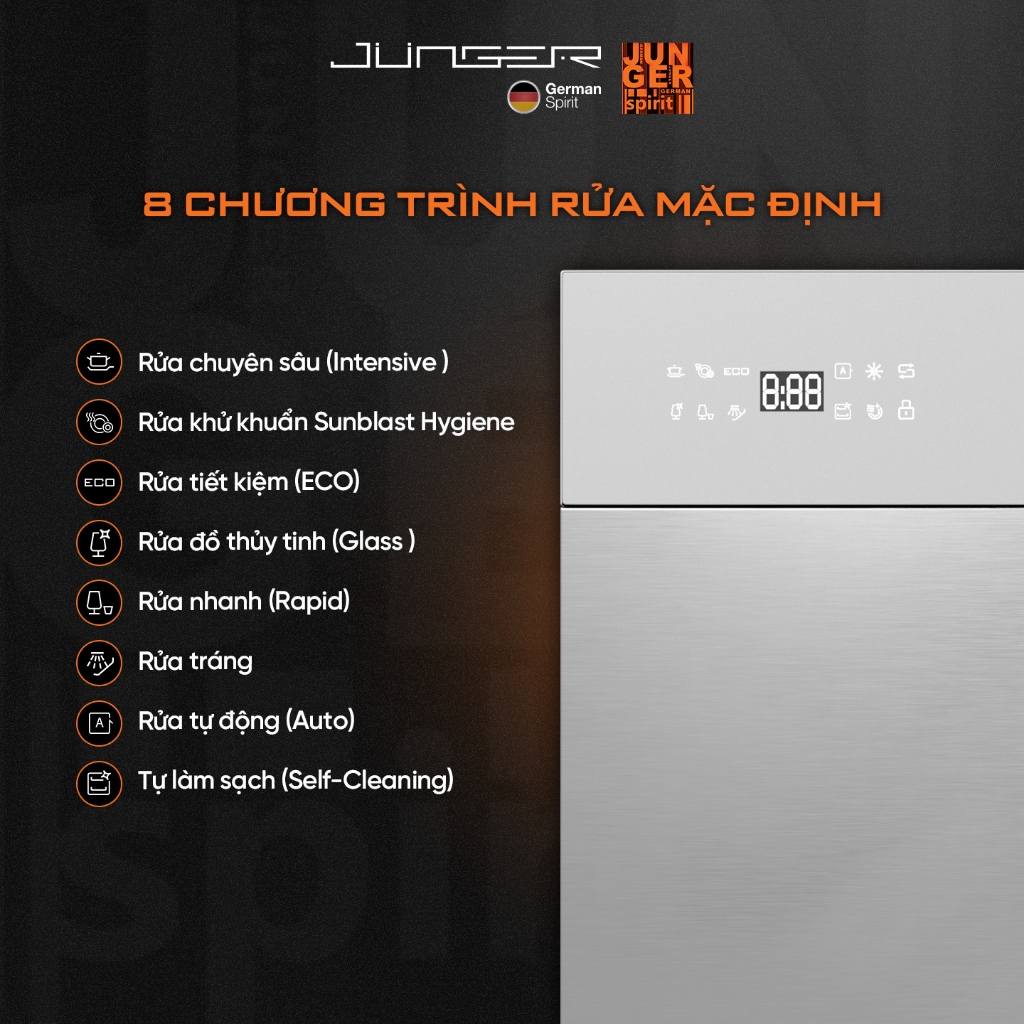 Máy rửa bát Junger DWJ-100 Dung tích 10 bộ Sấy khô Diệt khuẩn UV Hàng Chính Hãng Bảo Hành 24 Tháng