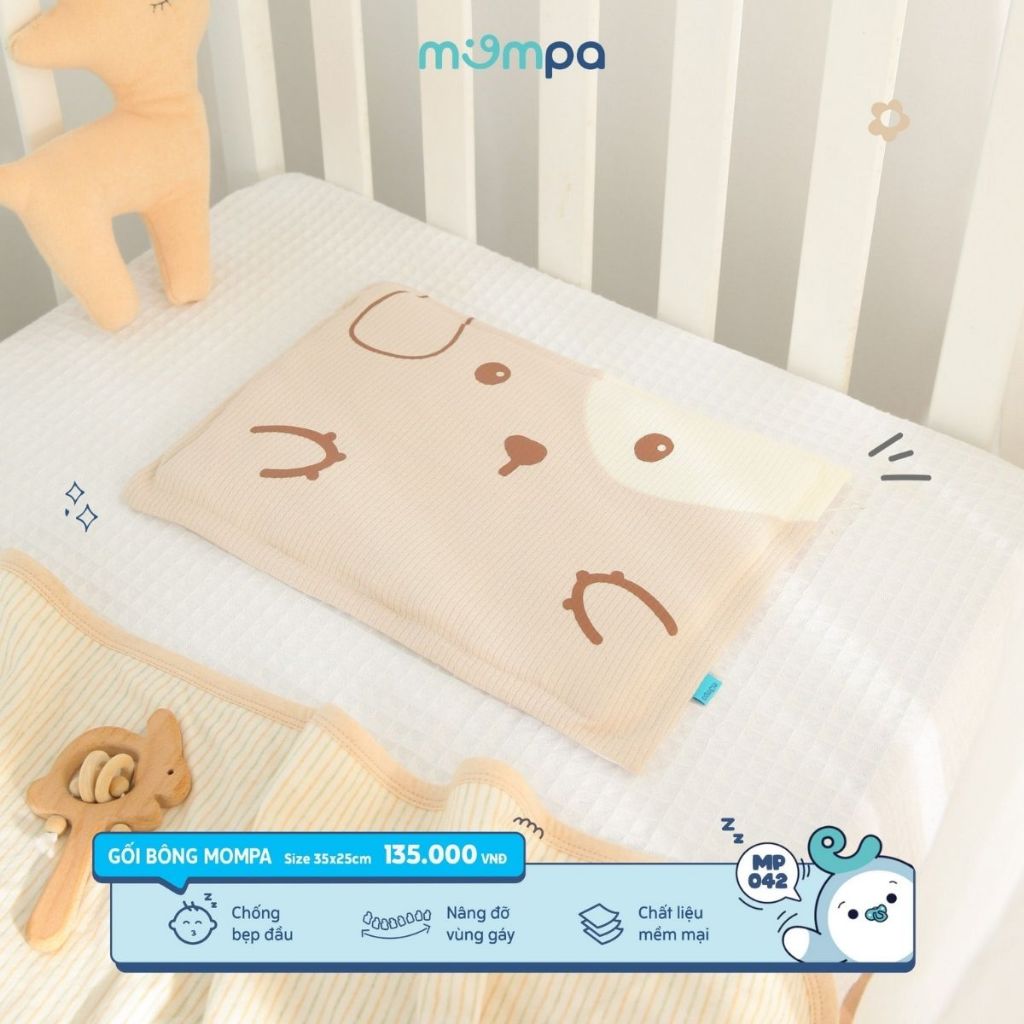 Gối sơ sinh cho bé Mompa ruột bông mềm mại nâng đỡ vùng gáy hoạ tiết dễ thương kích thước 35x25cm MP 042