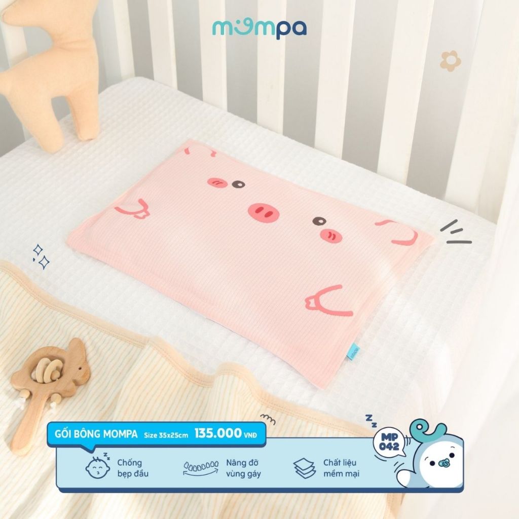 Gối sơ sinh cho bé Mompa ruột bông mềm mại nâng đỡ vùng gáy hoạ tiết dễ thương kích thước 35x25cm MP 042