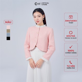 Áo Khoác Nữ CCHAT Dáng Suông Phối Cổ Xếp Ly Chất Vải Dạ Tweed Cao Cấp 23EHZ8001ST