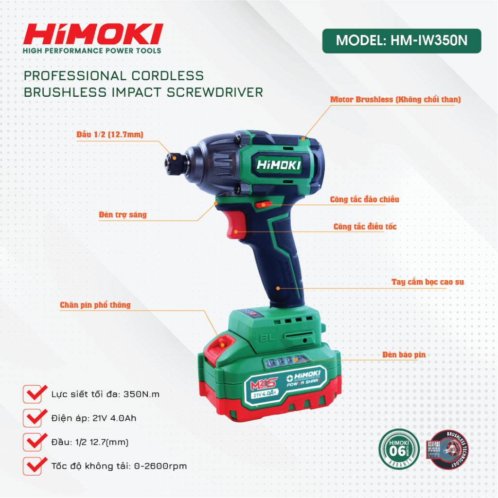 Máy Chuyên Vít, Máy Bắn Vít Chính Hãng Himoki HM-IW350N - Động Cơ Không Chổi Than - Lõi Đồng - Chân Pin Phổ Thông 4cm