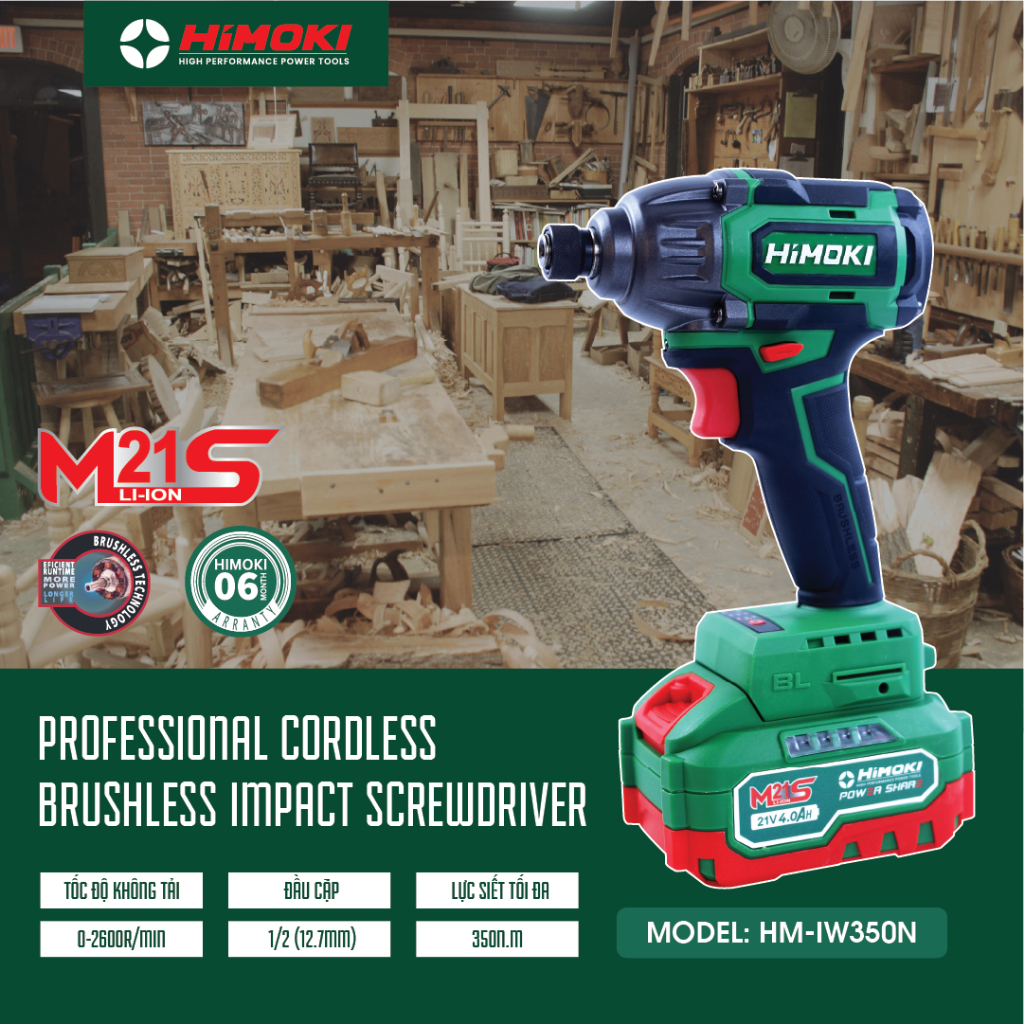 Máy Chuyên Vít, Máy Bắn Vít Chính Hãng Himoki HM-IW350N - Động Cơ Không Chổi Than - Lõi Đồng - Chân Pin Phổ Thông 4cm