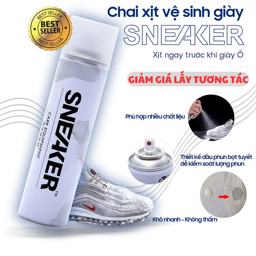 Chai xịt vệ sinh giày Sneaker 300ml bọt tuyết, bình sịt làm sạch giầy cao cấp, lọ dung dịch giặt khô giày dép