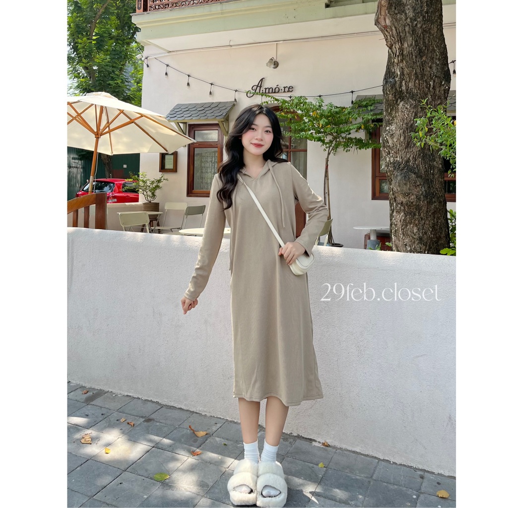 Váy Xinh Hoodie Mũ Dây Rút Dáng Suông Trơn Basic 29feb.closet Thời Trang Thu Đông - V159