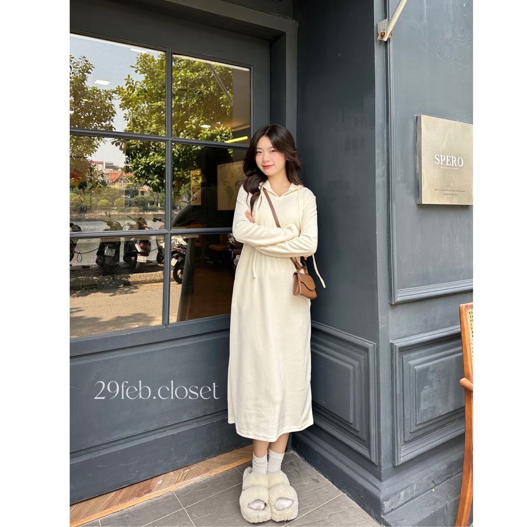 Váy Xinh Hoodie Mũ Dây Rút Dáng Suông Trơn Basic 29feb.closet Thời Trang Thu Đông - V159